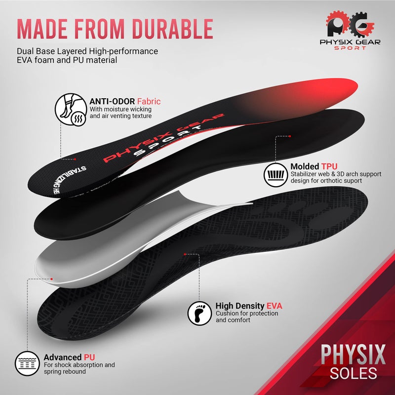 Physix Gear Sport Physix Gear Orthotic Insoles for Men & Women - Arch Support Orthotics Insole, Orthopedic Insoles, Inserts for Men & Women, Foot Insoles for Plantar Fasciitis Comfort, Shoe Insert, Feet, Red/Black, XS - Image 3